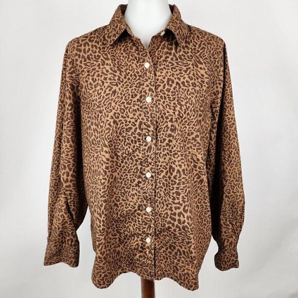 Style & Co. Collection Leopard Print Poplin Button Down Long Sleeve Top Womens L - Picture 1 of 6